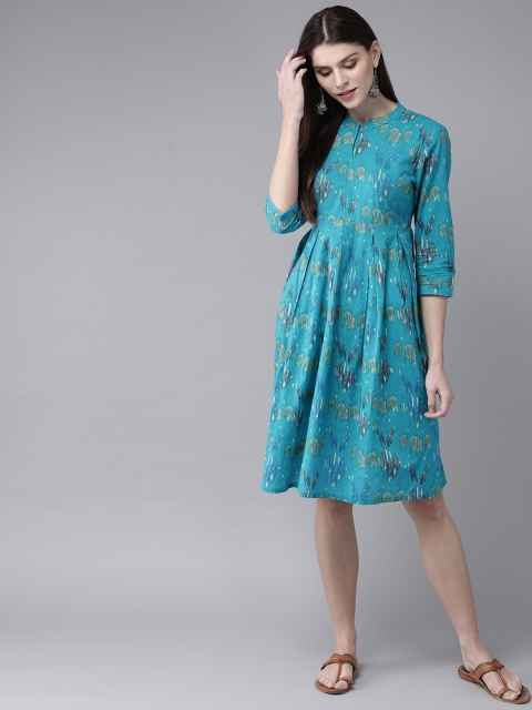 

AKS Women Blue & Green Printed A-Line Dress