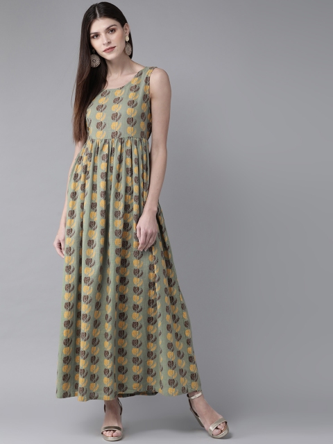 

AKS Women Green & Yellow Printed Maxi Dress