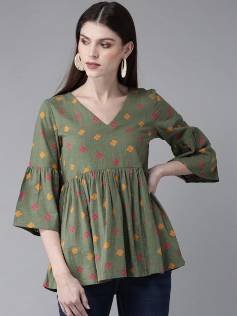 

AKS Women's Olive Green & Mustard Yellow Printed Tunic
