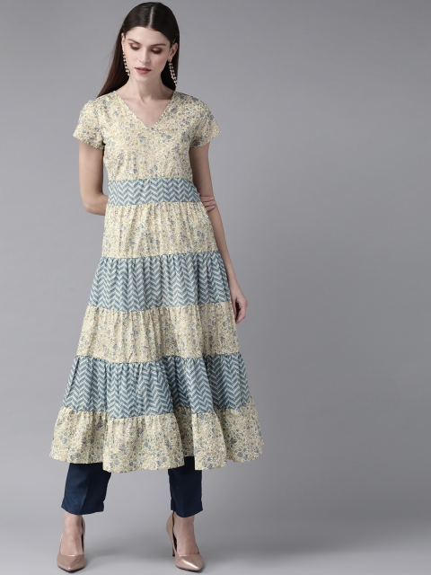 

AKS Women Cream-Coloured & Blue Kahri Print Tiered A-Line Kurta