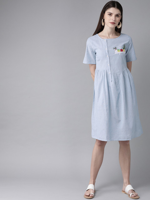 

AKS Women Blue Embroidered Detail A-Line Dress