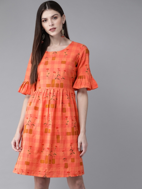 

AKS Women Orange & Mustard Brown Printed Fit and Flare Dress