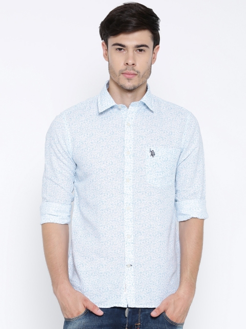 

U.S. Polo Assn. Blue Floral Print Linen Tailored Casual Shirt, White