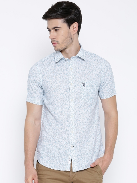 

U.S. Polo Assn. White & Blue Printed Tailored Linen Casual Shirt