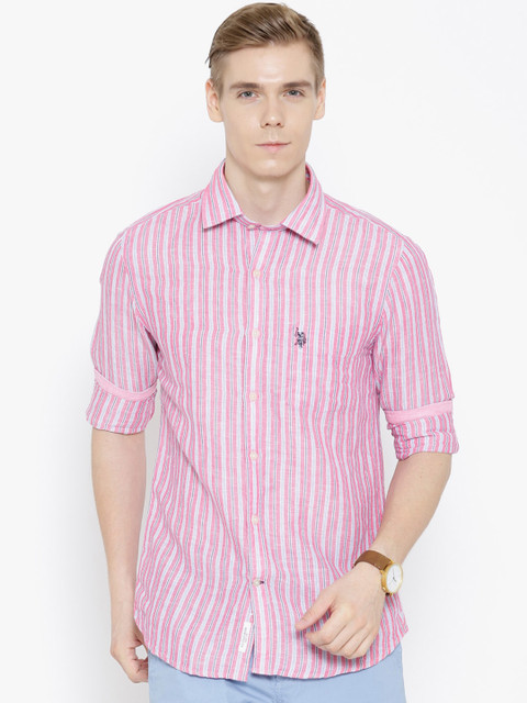 

U.S. Polo Assn. Men Pink & Blue Tailored Fit Striped Casual Shirt