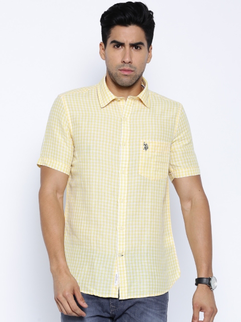 

U.S. Polo Assn. Yellow & White Checked Tailored Fit Linen Casual Shirt