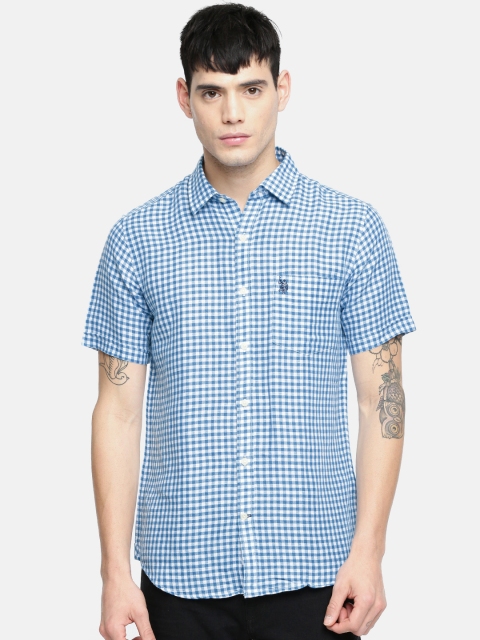 

U.S. Polo Assn. Men Blue & White Tailored Fit Checked Linen Shirt