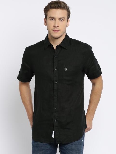 

U.S. Polo Assn. Men Black Tailored Fit Self-Design Casual Linen Shirt