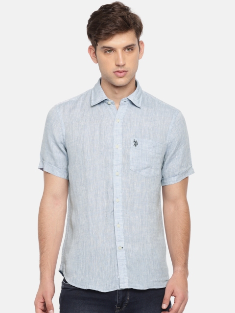 

U.S. Polo Assn. Men Blue Tailored Fit Solid Casual Linen Shirt