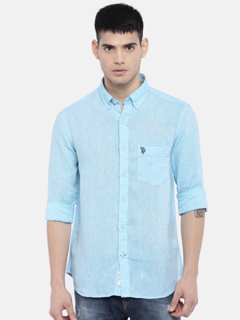 

U.S. Polo Assn. Men Blue Regular Fit Solid Casual Linen Shirt