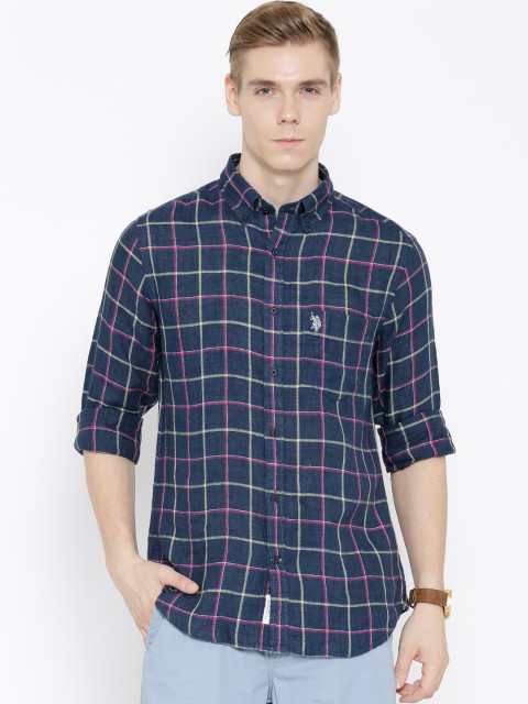 

U.S. Polo Assn. Navy Checked Linen Tailored Fit Casual Shirt, Navy blue
