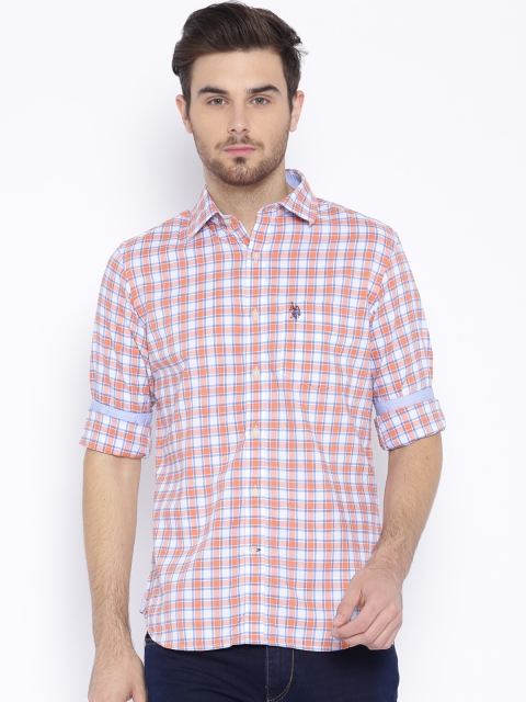 

U.S. Polo Assn. Orange & White Checked Tailored Fit Casual Shirt