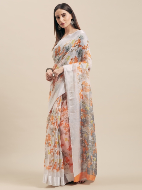 

Vaamsi Off-White & Orange Cotton Blend Printed Saree