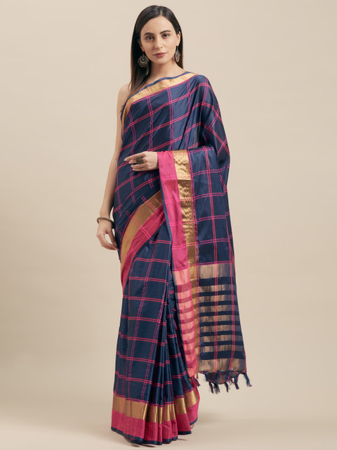 

Vaamsi Navy Blue & Pink Silk Cotton Checked Saree