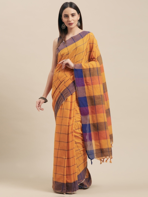 

Vaamsi Mustard Yellow & Navy Blue Pure Cotton Checked Jamdani Saree