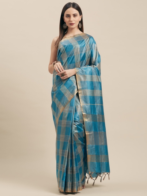 

Vaamsi Blue & Gold-Toned Silk Cotton Checked Saree