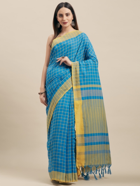 

Vaamsi Blue & Yellow Pure Cotton Checked Jamdani Saree