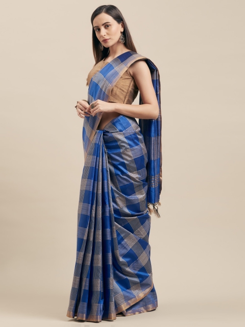

Vaamsi Blue & Gold-Toned Silk Cotton Checked Saree