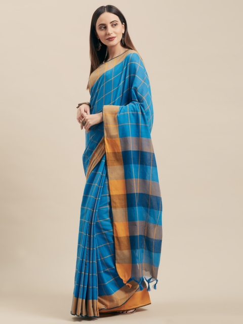 

Vaamsi Blue & Orange Pure Cotton Checked Jamdani Saree