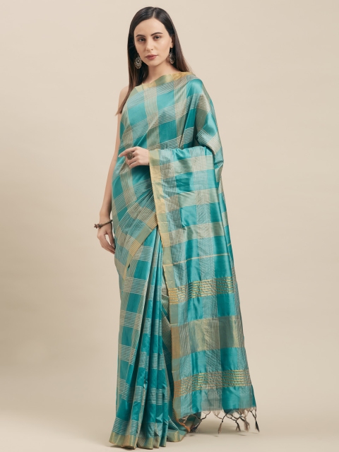 

Vaamsi Turquoise Blue & Gold-Toned Silk Cotton Checked Saree