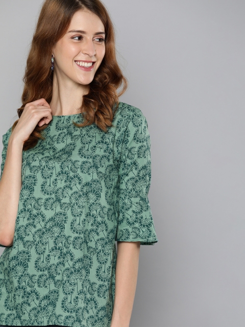 

HERE&NOW Women Green Printed Pure Cotton Top