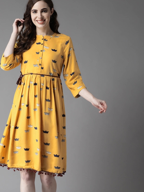 

HERE&NOW Women Mustard Yellow & Navy Blue Paper Boat Printed Fit and Flare Dress