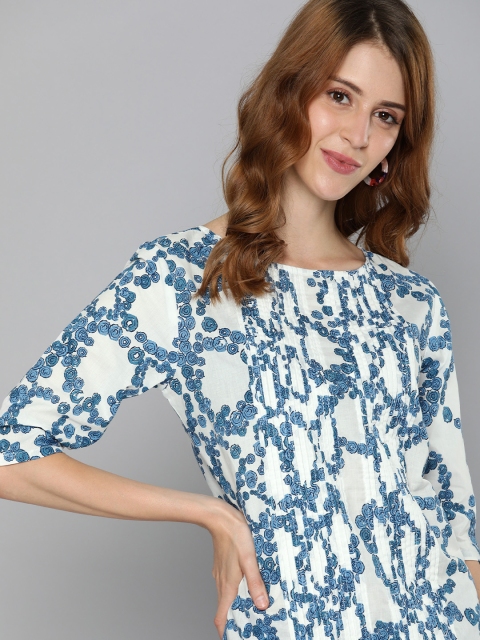 

HERE&NOW Women White & Blue Printed Pure Cotton Top