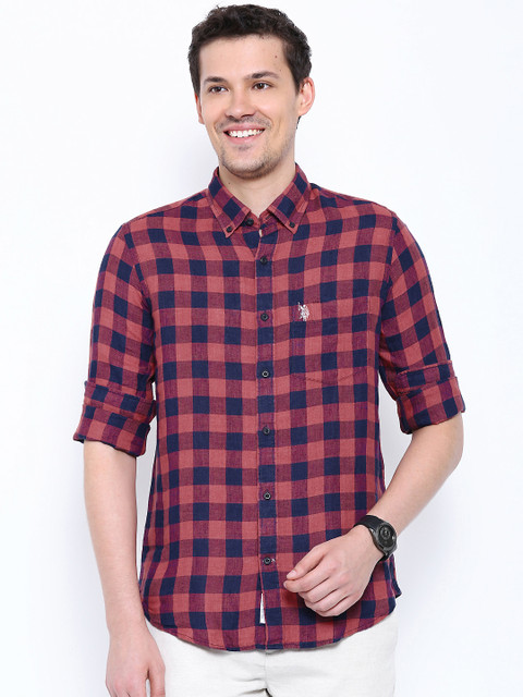 

U.S. Polo Assn. Red & Navy Checked Linen Tailored Fit Casual Shirt