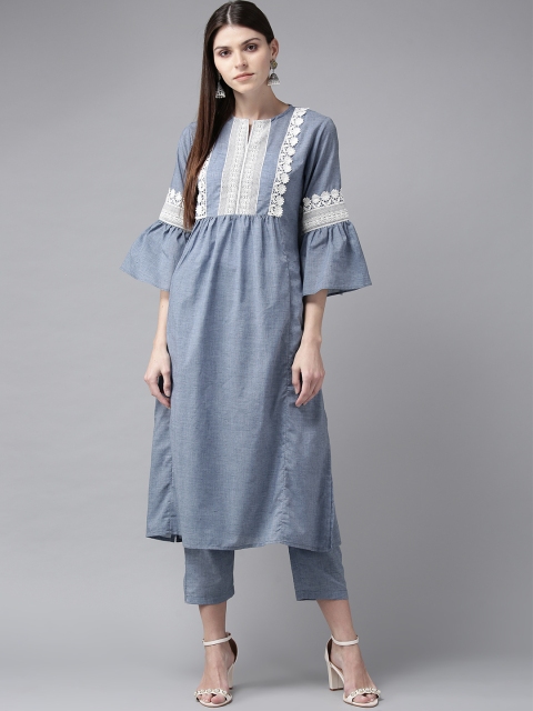 

Bhama Couture Women Blue Yoke Design Kurta with Trousers