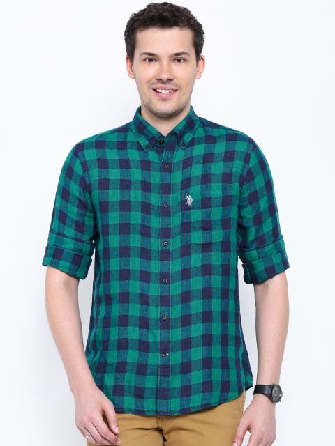 

U.S. Polo Assn. Green & Navy Checked Linen Tailored Fit Casual Shirt