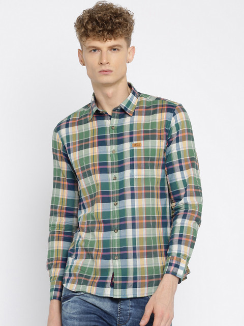 

U.S. Polo Assn. Denim Co. Men Blue & Green Checked Regular Fit Casual Shirt