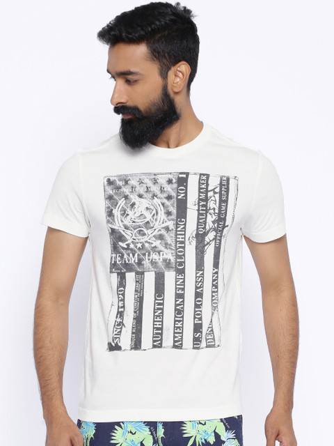 

U.S. Polo Assn. Off-White Printed Pure Cotton T-shirt