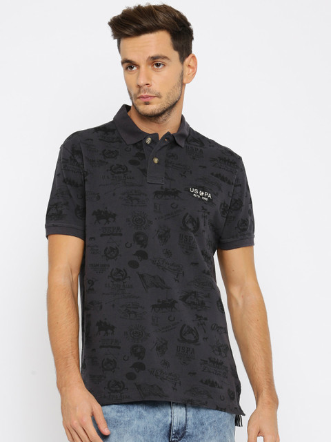

U.S. Polo Assn. Denim Co. Men Charcoal Grey Printed Polo T-shirt