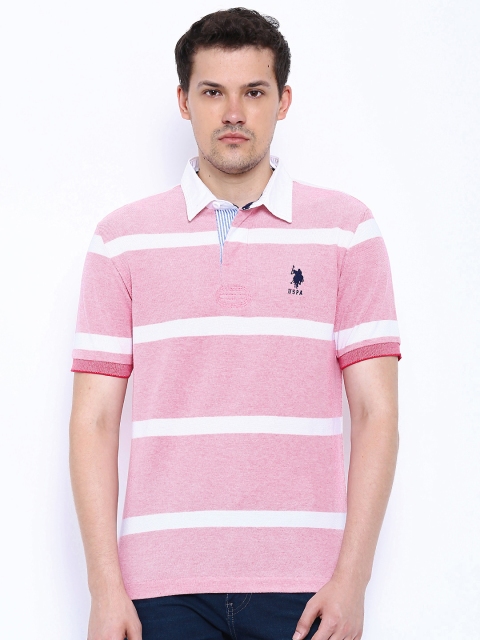 

U.S. Polo Assn. Pink White Striped Polo Pure Cotton T-shirt