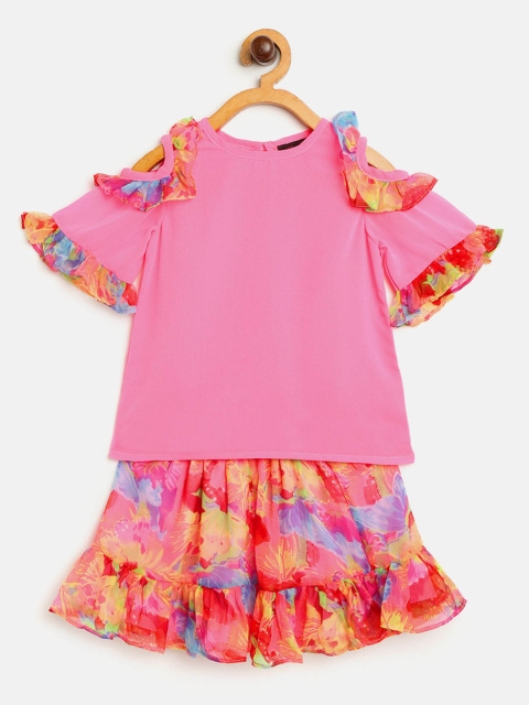 

pspeaches Girls Pink & Red Solid Top with Printed Skirt
