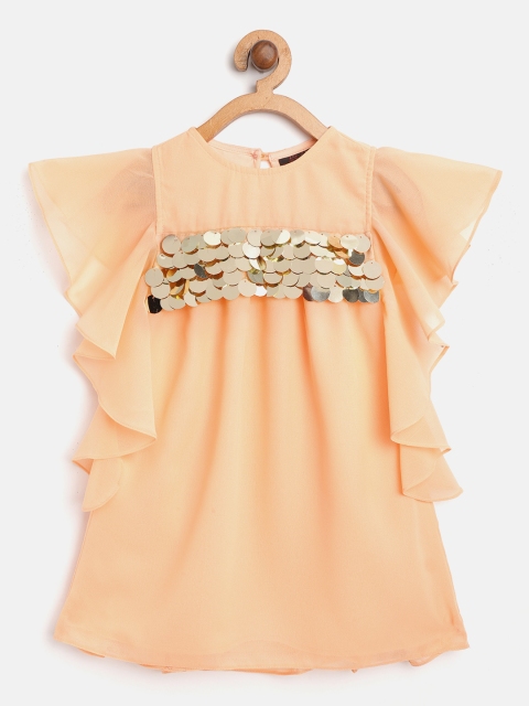

pspeaches Girls Peach-Coloured Solid A-Line Dress With Sequinned Detail