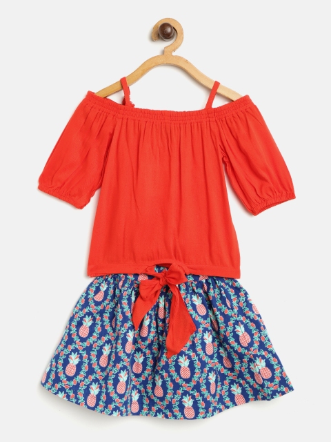 

pspeaches Girls Red & Blue Solid Top with Printed Skirt