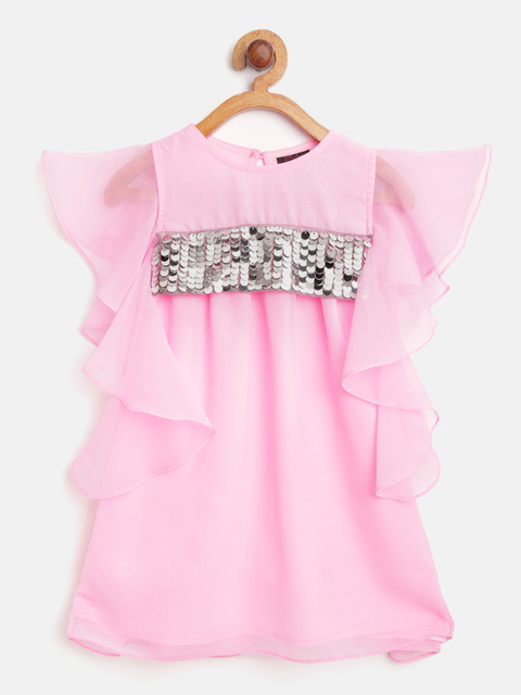 

pspeaches Girls Pink Solid A-Line Dress With Sequinned Detail