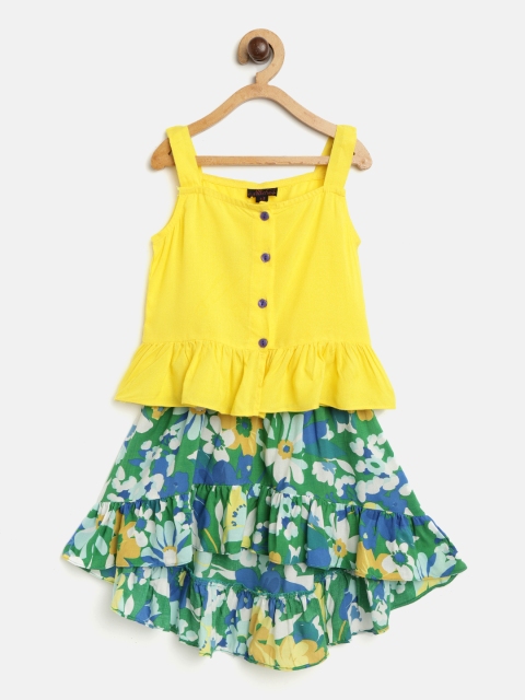 

pspeaches Girls Yellow & Green Solid Top with Printed Skirt