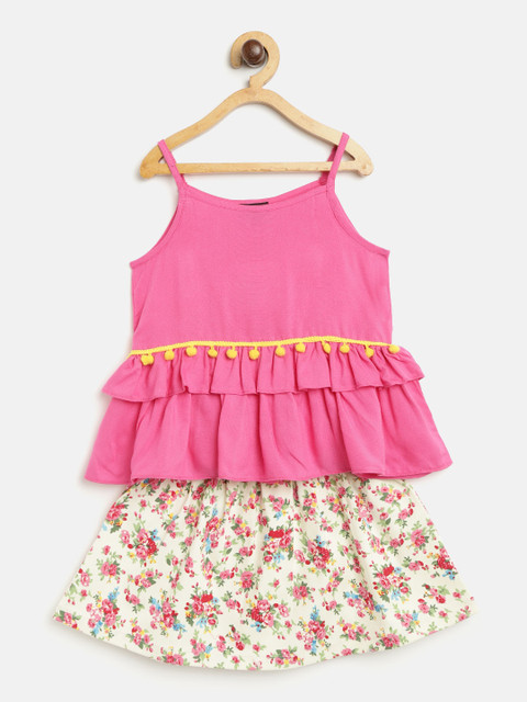 

pspeaches Girls Pink & Off-White Solid Top with Printed Skirt