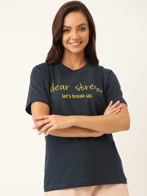 

YOLOCLAN Women Navy Blue & Yellow Printed Round Neck T-shirt