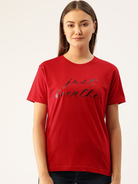 

YOLOCLAN Women Red Printed Round Neck T-shirt