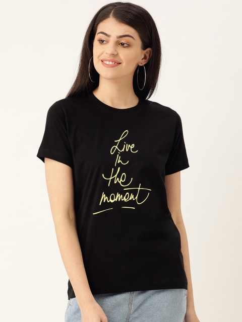 

YOLOCLAN Women Black & Yellow Printed Round Neck T-shirt