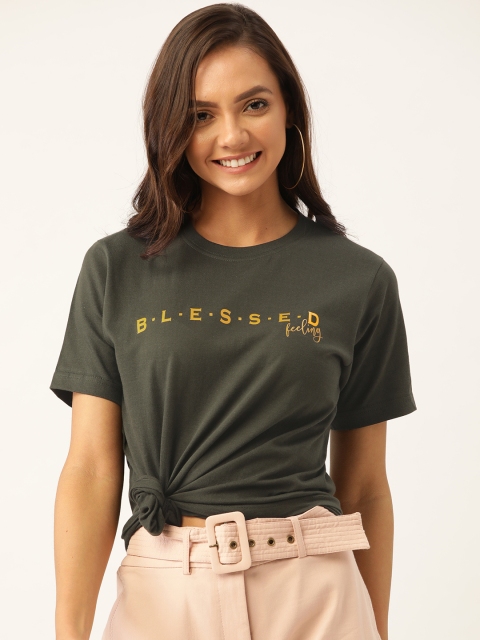 

YOLOCLAN Women Olive Green Solid Round Neck T-shirt