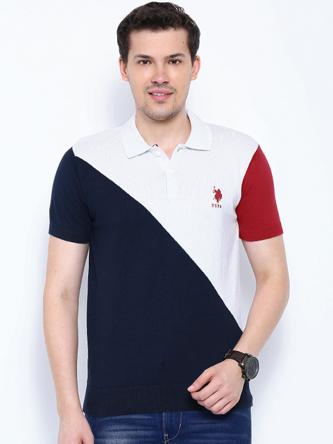 

U.S. Polo Assn. White Navy Colourblocked Polo Pure Cotton T-shirt