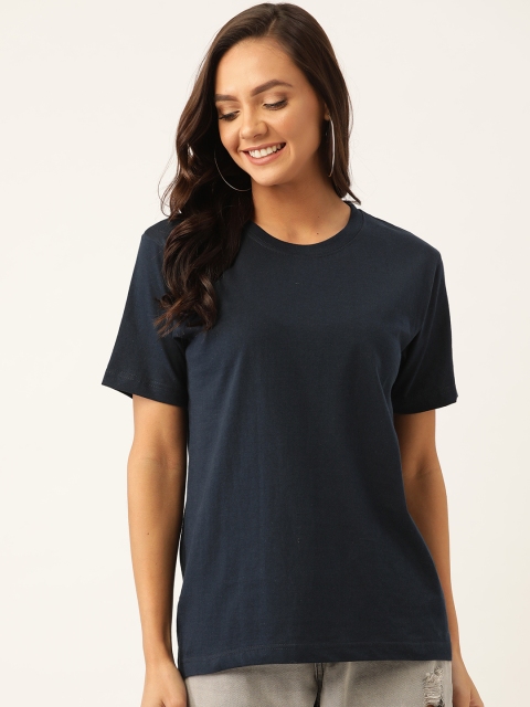 

YOLOCLAN Women Navy Blue Solid Round Neck T-shirt