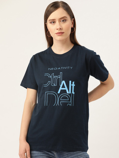 

YOLOCLAN Women Blue Printed Round Neck T-shirt