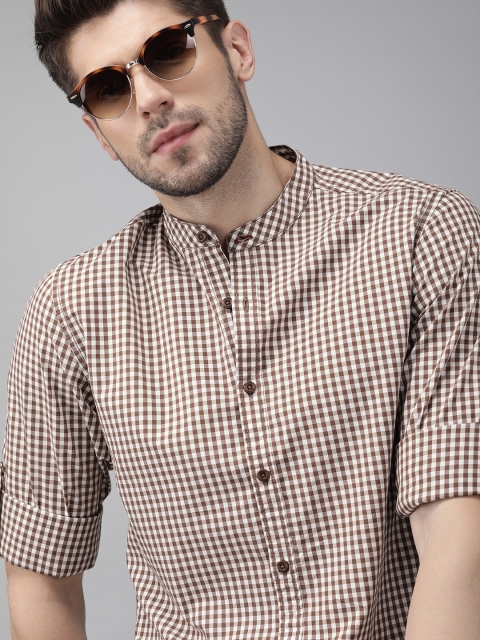 Men Brown & White Regular Fit Checked Casual Sustainable Shirt