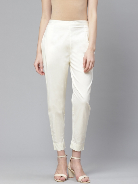 Women Off-White Slim Fit Solid Regular Trousers