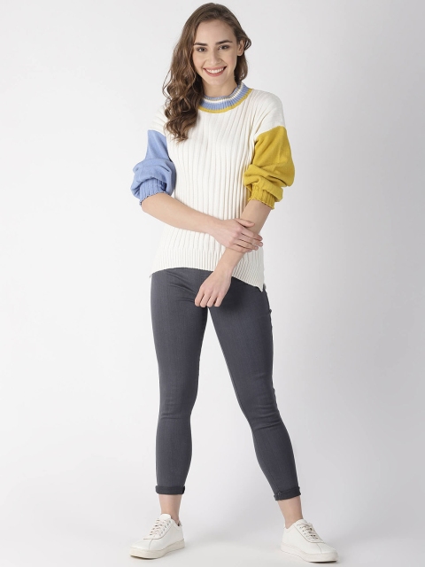 

Blue Saint Women White & Yellow Colourblocked Pullover Sweater